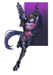 Rule 34 | 1girl, absurdres, bodysuit, breasts, center opening, cleavage, colored skin, grapnel, gun, hella p, highres, image sample, large breasts, looking at viewer, md5 mismatch, overwatch, overwatch 1, ponytail, purple hair, purple skin, resized, smile, solo, swinging, visor, weapon, widowmaker (overwatch), yellow eyes