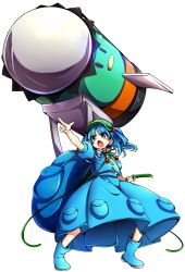 Rule 34 | &gt;:o, 1girl, :o, baba (baba seimaijo), backpack, bag, blue eyes, blue hair, boots, cabbie hat, cucumber, d:, d:&lt;, full body, hair bobbles, hair ornament, hat, highres, huge weapon, kappa, kawashiro nitori, key, matching hair/eyes, missile, open mouth, pocket, pointing, pouch, rubber boots, shouting, skirt, skirt set, solo, touhou, transparent background, two side up, v-shaped eyebrows, vest, weapon, | |