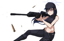 Rule 34 | 1girl, bare arms, bare shoulders, baseball cap, black hat, black pants, black shirt, blue archive, blue eyes, blue hair, commentary request, copycat001, crop top, gun, hat, highres, holding, holding gun, holding magazine (weapon), holding weapon, leggings, long hair, magazine (weapon), midriff, navel, pants, parted lips, rifle, saori (blue archive), shell casing, shirt, simple background, sleeveless, sleeveless shirt, solo, stomach, thighs, very long hair, weapon, white background