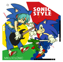 1boy 1girl :o animal_ears animal_hood aqua_eyes aqua_hair border bukiko character_name cosplay fake_animal_ears fake_tail food furry furry_male gloves green_eyes grin guitar hair_between_eyes hatsune_miku hatsune_miku_(sonic_style) hedgehog holding holding_food holding_spring_onion holding_vegetable hood instrument midriff one_eye_closed project_diva_(series) project_diva_extend smile sonic_(series) sonic_the_hedgehog sonic_the_hedgehog_(cosplay) spring_onion tail vegetable white_border white_gloves