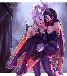 Rule 34 | 1boy, 1girl, alternate costume, animal ears, battle bunny riven, broken, broken sword, broken weapon, carrying, covering face, crossdressing, detached collar, embarrassed, fake animal ears, folded ponytail, gloves, highres, league of legends, leotard, male playboy bunny, outside border, pantyhose, pink heels, playboy bunny, princess carry, purple theme, rabbit ears, rabbit tail, red eyes, riot games, riven (league of legends), short hair, single glove, sword, tail, talon (league of legends), weapon, white hair, yosuki (yo sukan)