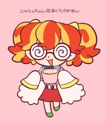 Rule 34 | 1girl, blue bow, blush, bow, coke-bottle glasses, copyright request, cup, full body, glasses, green footwear, holding, holding cup, mug, multicolored hair, open mouth, orange hair, pink background, red skirt, simple background, skirt, solo, steam, translation request, tsunoji, twintails