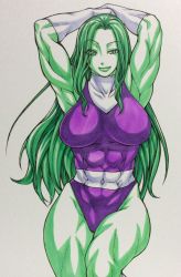 Rule 34 | 1girl, abs, animification, arms behind head, breasts, chiba toshirou, colored skin, female focus, gloves, green eyes, green hair, green skin, jennifer walters, large breasts, leotard, long hair, looking at viewer, marker (medium), marvel, matching hair/eyes, muscular, muscular female, she-hulk, simple background, sketch, skin tight, smile, solo, toned, traditional media, turtleneck, white gloves