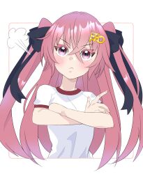 Rule 34 | 1girl, :&lt;, puff of air, absurdres, alternate costume, angry, black ribbon, blush, closed mouth, commentary request, crossed arms, eyelashes, facing viewer, frown, gym shirt, gym uniform, hair between eyes, hair ornament, hair ribbon, highres, jouizumi masamune, long hair, outside border, red eyes, red hair, ribbon, shirt, short sleeves, sidelocks, simple background, takimaro320, tenka hyakken, triangle mouth, twintails, upper body, v-shaped eyebrows, white background, white shirt