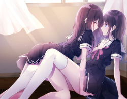Rule 34 | 2girls, all fours, arm support, black hair, black serafuku, black shirt, black skirt, blouse, blue eyes, bow, brown eyes, commentary request, curtains, day, from side, hand on another&#039;s chest, highres, indoors, kisaragi yuri, long hair, multiple girls, original, pink bow, pleated skirt, sailor collar, school uniform, serafuku, shirt, short sleeves, skirt, sunlight, thighhighs, transparent, very long hair, white legwear, white sailor collar, window, yuri