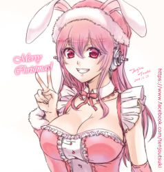 Rule 34 | 1girl, animal ears, blush, bow, bowtie, breasts, rabbit ears, christmas, cleavage, clenched teeth, dated, detached collar, detached sleeves, dress, female focus, frills, grin, hair between eyes, hat, headphones, large breasts, long hair, looking at viewer, merry christmas, neck, nitroplus, pink dress, pink eyes, pink hair, santa hat, sleeveless, sleeveless dress, smile, solo, super sonico, teeth, tenjou tsuki, upper body, v