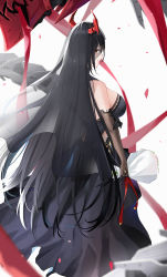 Rule 34 | 1girl, azur lane, black dress, black gloves, black hair, black veil, bouquet, breasts, bridal veil, dragon horns, dress, elbow gloves, flower, friedrich der grosse (azur lane), friedrich der grosse (zeremonie of the cradle) (azur lane), from side, full body, gloves, hand on own arm, highres, holding, holding bouquet, horns, large breasts, long hair, looking at viewer, official alternate costume, open mouth, parted lips, petals, qing wu, red horns, sideboob, smile, solo, standing, veil, very long hair, wedding dress, white background, yellow eyes