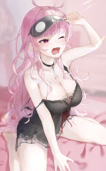 Rule 34 | 1girl, absurdres, bare legs, bare shoulders, barefoot, bed, black choker, black nightgown, blush, breasts, choker, cleavage, highres, hololive, hololive english, kmdr 04, lace trim, large breasts, light rays, long hair, messy hair, mori calliope, nightgown, one eye closed, open mouth, pink eyes, pink hair, sitting, sleepwear, sleepy, solo, sunbeam, sunlight, virtual youtuber, wariza, yawning