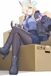 Rule 34 | 1girl, animal ear fluff, animal ears, black footwear, black gloves, blonde hair, blue archive, blue eyes, blue shirt, blue skirt, boots, box, breasts, chair, coffee mug, collared shirt, crossed legs, cup, dog ears, fangxiang cuoluan, gloves, hair over one eye, halo, highres, holding, jacket, kanna (blue archive), large breasts, long hair, long sleeves, looking at viewer, mug, open clothes, open jacket, pantyhose, pencil skirt, police, police badge, police uniform, policewoman, sharp teeth, shirt, simple background, sitting, skirt, solo, teeth, uniform