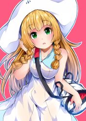 Rule 34 | 1girl, bag, bare shoulders, blonde hair, blunt bangs, blush, braid, breasts, collared dress, cowboy shot, creatures (company), dress, duffel bag, game freak, green eyes, hat, highres, ishimu, leaning forward, lillie (pokemon), long hair, looking at viewer, medium breasts, nintendo, outline, parted lips, pokemon, pokemon sm, see-through silhouette, sleeveless, sleeveless dress, solo, sun hat, sundress, twin braids, wet, wet clothes, white dress, white hat