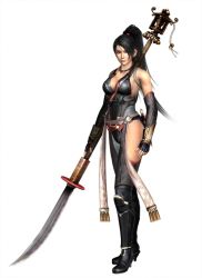 Rule 34 | 1girl, black hair, breasts, large breasts, momiji (ninja gaiden), naginata, ninja gaiden, ninja gaiden: dragon sword, ninja gaiden 3: razor&#039;s edge, official art, polearm, ponytail, simple background, solo, weapon