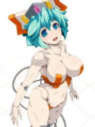 Rule 34 | 1girl, android, blue eyes, blush stickers, breasts, cyborg, doll joints, green hair, hat, joints, katsuki yousuke, large breasts, looking at viewer, open mouth, original, robot, short hair, solo