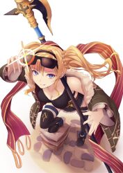 Rule 34 | 1girl, absurdres, bare shoulders, blonde hair, blue eyes, breasts, cleavage, halberd, highres, medium breasts, nixour, pilearm, polearm, red scarf, scarf, solo, sunglasses, tank top, twintails, weapon, zeta (granblue fantasy)