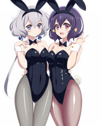 Rule 34 | animal ears, black bow, black bowtie, black hair, black leotard, black pantyhose, blue eyes, bow, bowtie, breasts, cleavage, commentary request, detached collar, feet out of frame, hair ornament, highres, konno junko, leotard, low twintails, medium breasts, mizuno ai, one-hour drawing challenge, pantyhose, pirochi, playboy bunny, rabbit ears, red eyes, short hair, simple background, strapless, strapless leotard, thigh gap, twintails, upper body, white background, white hair, wrist cuffs, zombie land saga, zoom layer