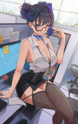 Rule 34 | 1girl, adjusting eyewear, archinoer, bare shoulders, black bra, black hair, black thighhighs, blue eyes, blue hair, blue ribbon, blush, bow, bow earrings, bra, bra visible through clothes, breasts, choker, cleavage, crossed legs, dripping, earrings, glasses, grin, hair intakes, highres, hololive, hololive english, hot, jewelry, lace, lace-trimmed bra, lace trim, large breasts, looking at viewer, miniskirt, nervous sweating, office lady, ouro kronii, ribbon, see-through, see-through shirt, semi-rimless eyewear, shirt, short hair, skirt, sleeveless, sleeveless shirt, smile, sweat, sweaty clothes, thighhighs, underwear, very sweaty, virtual youtuber, wet, wet clothes