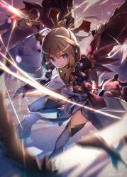 Rule 34 | 1girl, blue eyes, blurry, brown hair, character request, commentary, diffraction spikes, feathers, gloves, highres, holding, holding sword, holding weapon, long sleeves, magical girl, motion blur, nogi lief, open mouth, outstretched arm, pelvic curtain, pom pom (clothes), short hair, solo, sword, thighhighs, twitter username, waistcoat, weapon, white thighhighs, wide sleeves, yuusha de aru