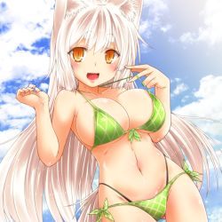 Rule 34 | 1girl, :d, animal ear fluff, animal ears, bikini, blue sky, blush, breasts, cleavage, cloud, collarbone, cowboy shot, day, fang, fox ears, front-tie bikini top, front-tie top, gluteal fold, green bikini, green ribbon, hands up, kohaku (yua), large breasts, long hair, looking at viewer, lowres, open mouth, original, pulling own clothes, ribbon, side-tie bikini bottom, sky, slit pupils, smile, solo, standing, straight hair, strap pull, swimsuit, tail, thick eyebrows, thigh gap, very long hair, wolf ears, wolf tail, yua (checkmate)