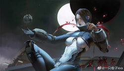 Rule 34 | 1girl, absurdres, apex legends, artist name, belt, black belt, black gloves, blue bodysuit, blue eyes, blue hair, blue lips, bodysuit, breasts, cable, catalyst (apex legends), chinese commentary, clothing cutout, eclipse, expressionless, gloves, hair behind ear, highres, looking at viewer, medium breasts, multicolored hair, night, night sky, open mouth, parted lips, realistic, shoulder cutout, single glove, skin tight, sky, solo, star (sky), streaked hair, weibo watermark, white bodysuit, yi zhi chengzi kkk
