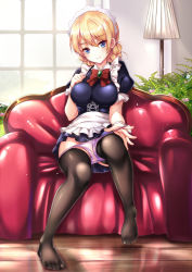 Rule 34 | 10s, 1girl, apron, black thighhighs, blonde hair, blue dress, blue eyes, blush, bow, bowtie, braid, breasts, couch, darjeeling (girls und panzer), dress, feet, flower, frilled dress, frills, gairou (takakuan), girls und panzer, lamp, large breasts, legs, looking at viewer, maid, maid apron, maid headdress, no shoes, panties, panty pull, plant, pleated dress, pulling own clothes, purple panties, revision, sitting, smile, solo, thighhighs, underwear, undressing, waist apron, window, wrist cuffs