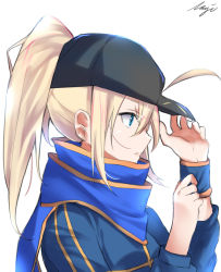 Rule 34 | 1girl, ahoge, artoria pendragon (fate), black hat, blonde hair, blue eyes, blue scarf, fate/grand order, fate (series), from side, hair between eyes, hat, high ponytail, highres, long hair, meimuu, mysterious heroine x (fate), scarf, signature, simple background, solo, upper body, white background, wristband