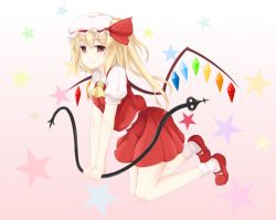 Rule 34 | 1girl, ascot, bad id, bad pixiv id, blonde hair, bobby socks, breasts, flandre scarlet, hat, hat ribbon, highres, laevatein, looking at viewer, mary janes, miniskirt, mob cap, red eyes, red footwear, ribbon, shoes, side ponytail, skirt, skirt set, small breasts, smile, socks, solo, star (symbol), surota, touhou, vest, wings