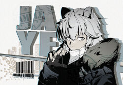 Rule 34 | 1boy, animal ear fluff, animal ears, arknights, bandaid, bandaid on hand, barcode, black gloves, black jacket, character name, closed mouth, fingerless gloves, fur-trimmed jacket, fur trim, gloves, grey background, grey eyes, grey hair, hair between eyes, jacket, jacknavy, jaye (arknights), male focus, mask, mouth mask, open clothes, open jacket, sample watermark, solo, surgical mask, upper body, watermark