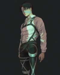 Rule 34 | 1boy, artbyshinji, belt, black eyes, black hair, black pants, chest belt, commentary request, curtained hair, expressionless, feet out of frame, highres, jacket, levi (shingeki no kyojin), looking at viewer, male focus, pants, paradis military uniform, shingeki no kyojin, shirt, short hair, solo, survey corps (emblem), thigh strap, white shirt