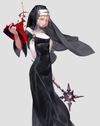 Rule 34 | 1girl, arm at side, black dress, black robe, blonde hair, blue eyes, book, breasts, closed mouth, commentary request, cowboy shot, cross, dress, grey background, grimoire, habit, hand up, holding, holding book, holding weapon, kawaguchi (mojacome), long sleeves, mace, nun, open book, original, robe, short hair, simple background, sleeves past elbows, smile, solo, spiked mace, spikes, standing, traditional nun, weapon