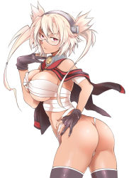 Rule 34 | 10s, 1girl, ass, bandages, bare shoulders, between buttocks, black gloves, black thighhighs, breasts, budget sarashi, butt crack, cleavage, cowboy shot, dark-skinned female, dark skin, fingerless gloves, gloves, hair ornament, kantai collection, large breasts, light brown hair, long hair, looking at viewer, looking back, musashi (kancolle), naraku (sunny red), naraku (sunny red1192), navel, pink eyes, pointy hair, sarashi, simple background, skindentation, solo, thighhighs, twintails, two side up, underboob, white background