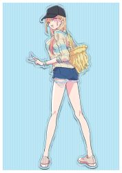 Rule 34 | 1girl, bag, barbell piercing, bare legs, black hat, blonde hair, blue background, bracelet, denim, denim shorts, ear piercing, earrings, fake nails, handbag, hat, highres, jewelry, kitagawa marin, long sleeves, multicolored hair, nishihara erika, official art, one eye closed, outline, piercing, pink eyes, pink hair, shirt, shoes, shorts, solo, sono bisque doll wa koi wo suru, striped, torn clothes, v, vertical stripes, white outline