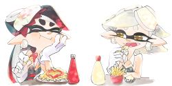 Rule 34 | + +, 2girls, black hair, brown eyes, callie (splatoon), closed mouth, commentary request, cousins, detached collar, earrings, eating, elbow rest, fangs, food, food on head, french fries, gloves, grey hair, hand on own cheek, hand on own face, head rest, highres, inkling, jewelry, ketchup, ketchup bottle, long hair, looking at another, marie (splatoon), mask, mayonnaise, mole, mole under eye, multiple girls, nintendo, object on head, open mouth, plate, short hair, simple background, sitting, smile, strapless, table, tentacle hair, ukata, white background, white gloves