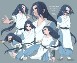 Rule 34 | 1boy, artist name, black footwear, black hair, copyright name, grey background, highres, holding, long hair, low-tied long hair, multiple views, shoes, simple background, luo xiaohei zhanji, wuxian (the legend of luoxiaohei), yadokari chimaki
