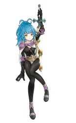 Rule 34 | 1girl, absurdres, antenna hair, black bodysuit, black gloves, blue eyes, bodysuit, buckle, cape, commentary, earrings, elbow gloves, fire emblem, fire emblem heroes, full body, gloves, highres, holding, holding sword, holding weapon, howaito gyuunyuu, jewelry, long hair, looking at viewer, nintendo, parted lips, ponytail, reginn (fire emblem), solo, sword, weapon, white background, white cape, yellow eyes