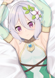 Rule 34 | 1girl, absurdres, armpits, arms up, bed sheet, blush, breasts, closed mouth, detached sleeves, elf, flower, hair between eyes, hair flower, hair ornament, highres, k-ya., kokkoro (princess connect!), leaf, long sleeves, looking at viewer, lying, multicolored clothes, on back, on bed, pointy ears, princess connect!, purple eyes, short hair, silver hair, sleeves past wrists, small breasts, smile, solo, split mouth, upper body, white flower