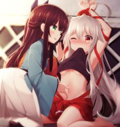 Rule 34 | 10s, 2girls, ahoge, armpits, arms up, bare legs, barefoot, bdsm, black shirt, blush, bondage, bound, bound wrists, bow, breasts, brown hair, chiya (urara meirochou), clothes lift, fang, goribote, green eyes, hair between eyes, hair bow, hakama, hakama skirt, half updo, japanese clothes, long hair, looking at another, mouth hold, multiple girls, navel, one eye closed, open mouth, poking belly, red eyes, ribbon, shirt, shirt lift, silver hair, sitting, skirt, small breasts, smile, sweat, tank top, tatsumi kon, underboob, urara meirochou, very long hair, wariza, wide sleeves, yuri