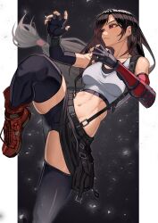 Rule 34 | 1girl, abs, absurdres, arm guards, bike shorts, bike shorts under skirt, black hair, black skirt, black thighhighs, crop top, elbow gloves, fighting stance, final fantasy, final fantasy vii, final fantasy vii remake, fingerless gloves, gloves, highres, leg up, long hair, looking to the side, low-tied long hair, red footwear, single arm guard, skirt, solo, standing, standing on one leg, suspenders, temoc, thighhighs, tifa lockhart, toned