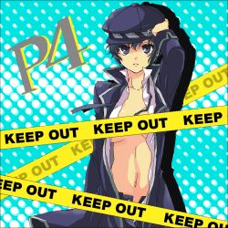 Rule 34 | 1girl, androgynous, atlus, bad id, bad pixiv id, blue eyes, blue hair, caution tape, hat, keep out, matching hair/eyes, mosse, mossu, no bra, open clothes, open shirt, persona, persona 4, reverse trap, ribbon, shirogane naoto, shirt, short hair, solo, tomboy