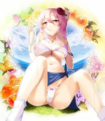 Rule 34 | 1girl, alternate costume, bad id, bad pixiv id, bikini, blurry, blush, breast suppress, breasts, bug, butterfly, cameltoe, cloud, cup, day, drink, female focus, flower, frilled bikini, frills, front-tie top, hair flower, hair ornament, hibiscus, highres, bug, jewelry, large breasts, mouth hold, navel, no headwear, no headwear, ocean, oyaji-sou, pendant, pink eyes, pink hair, pinky out, red eyes, saigyouji yuyuko, sarong, short hair, sitting, socks, solo, spread legs, swimsuit, touhou, tupet, underboob, wet