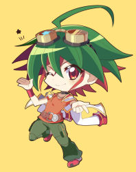Rule 34 | 1boy, ahoge, chibi, dyed bangs, goggles, goggles on head, green hair, green pants, male focus, multicolored hair, one eye closed, pants, pointing, pointing at viewer, red eyes, red footwear, red hair, rento (rukeai), sakaki yuya, shoes, short sleeves, smile, solo, spiked hair, star (symbol), yellow background, yu-gi-oh!, yu-gi-oh! arc-v