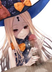 Rule 34 | 1girl, abigail williams (fate), abigail williams (second ascension) (fate), absurdres, bare shoulders, blonde hair, bow, bowtie, brown eyes, censored, erection, fate/grand order, fate (series), handjob, hat, hetero, highres, keyhole, long hair, looking at viewer, male pubic hair, mosaic censoring, penis, pov, pubic hair, simple background, smile, suujiniku, white background, witch hat