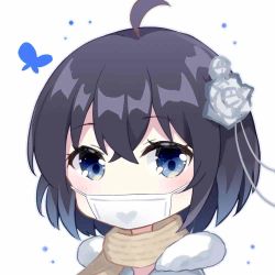 Rule 34 | 1girl, antenna hair, blue butterfly, blue eyes, blue hair, bug, butterfly, flower, gou lianlian dogface, hair between eyes, hair flower, hair ornament, heart, honkai (series), honkai impact 3rd, insect, looking at viewer, mask, mouth mask, scarf, seele vollerei, short hair, simple background, solo, white background, white flower