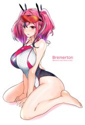 Rule 34 | 1girl, aiuti, azur lane, barefoot, breasts, bremerton (azur lane), character name, collarbone, competition swimsuit, eyewear on head, hair between eyes, highres, large breasts, long hair, looking at viewer, multicolored hair, one-piece swimsuit, pink eyes, pink hair, red eyes, simple background, sitting, solo, streaked hair, swimsuit, twintails, wariza, white background