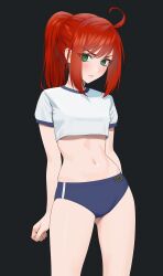Rule 34 | 1girl, absurdres, ahoge, blush, buruma, carlo montie, character request, closed mouth, copyright request, crop top, gluteal fold, green eyes, highres, looking at viewer, navel, ponytail, red hair, shirt, sidelocks, solo, standing, stomach, white shirt