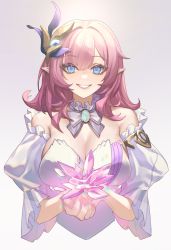 Rule 34 | 1girl, absurdres, blue eyes, bow, bowtie, breasts, cleavage, collar, commentary request, cropped torso, crystal, detached collar, detached sleeves, dress, elysia (honkai impact), frilled collar, frills, gem, hair ornament, highres, holding crystal, honkai (series), honkai impact 3rd, large breasts, lips, looking at viewer, medium hair, parted lips, pink hair, pointy ears, puffy sleeves, simple background, smile, solo, strapless, strapless dress, tutou jiang, upper body, white background, white bow, white bowtie, white dress