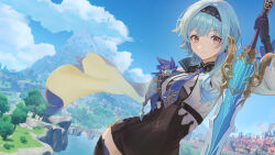 Rule 34 | 1girl, absurdres, aowuawei, arm up, black gloves, black hairband, blue cape, blue hair, blue necktie, blue sky, boots, breasts, cape, chest harness, chinese commentary, closed mouth, cloud, dutch angle, eula (genshin impact), game screenshot background, genshin impact, gloves, greatsword, hairband, harness, high-waist shorts, highres, holding, holding sword, holding weapon, long sleeves, looking to the side, medium breasts, medium hair, mountain, necktie, purple eyes, serious, shorts, sidelocks, sky, solo, song of broken pines (genshin impact), sword, thigh boots, upper body, vision (genshin impact), weapon, white sleeves