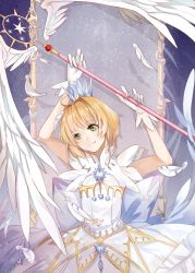 Rule 34 | 1girl, absurdres, ahoge, arms up, autumnlll, blonde hair, cardcaptor sakura, crown, feathered wings, feathers, gloves, green eyes, head tilt, highres, holding, holding staff, kinomoto sakura, magical girl, mini crown, short hair with long locks, sidelocks, sleeveless, smile, solo, staff, white feathers, white gloves, white wings, wings
