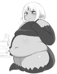 Rule 34 | 1girl, absurdres, blush, breasts, clenched hand, dark-skinned female, dark skin, elbow gloves, fat, gloves, greyscale, hair behind ear, hand on own stomach, highres, looking down, ma no mono-tachi, medium breasts, monochrome, navel, nimo (b45ui), obese, parted lips, pointy ears, solo, tail, thighhighs, third eye, white background