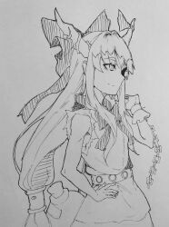 Rule 34 | 1girl, belt, bow, bowtie, closed mouth, cuffs, gourd, greyscale, hair bow, hair intakes, hand on own hip, highres, horn ornament, horn ribbon, horns, ibuki suika, kanaria (bocmn), long hair, low-tied long hair, monochrome, one-hour drawing challenge, ribbon, shackles, shirt, sidelocks, simple background, sketch, smile, solo, torn clothes, torn sleeves, touhou, traditional media, very long hair, wrist cuffs