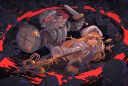 Rule 34 | 1girl, 6+boys, armor, battle, blonde hair, blood, blue eyes, breastplate, buckler, commentary, decapitation, edwin huang, english commentary, full armor, gloves, glowing, glowing eye, goblin, goblin slayer, goblin slayer!, guro, helmet, holding, holding sword, holding weapon, long hair, motion lines, multiple boys, no pupils, priestess, priestess (goblin slayer!), red eyes, shield, topless male, short sword, shoulder armor, staff, surrounded, sword, weapon