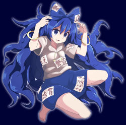 Rule 34 | 1girl, arms up, bangle, bare legs, barefoot, black background, blue background, blue bow, blue eyes, blue hair, bow, bracelet, commentary request, full body, glowing, grey hoodie, hair bow, highres, hood, hood down, hoodie, jewelry, long hair, narira, outline, short sleeves, simple background, solo, touhou, very long hair, yorigami shion